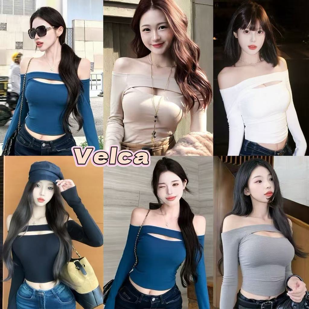 พร้อมส่งในไทย เสื้อยืดผู้หญิง แขนยาว ปาดไหล่ สไตล์หวานน่ารัก เซ็กซี่เบาๆ มี 5สีให้เลือก Velca