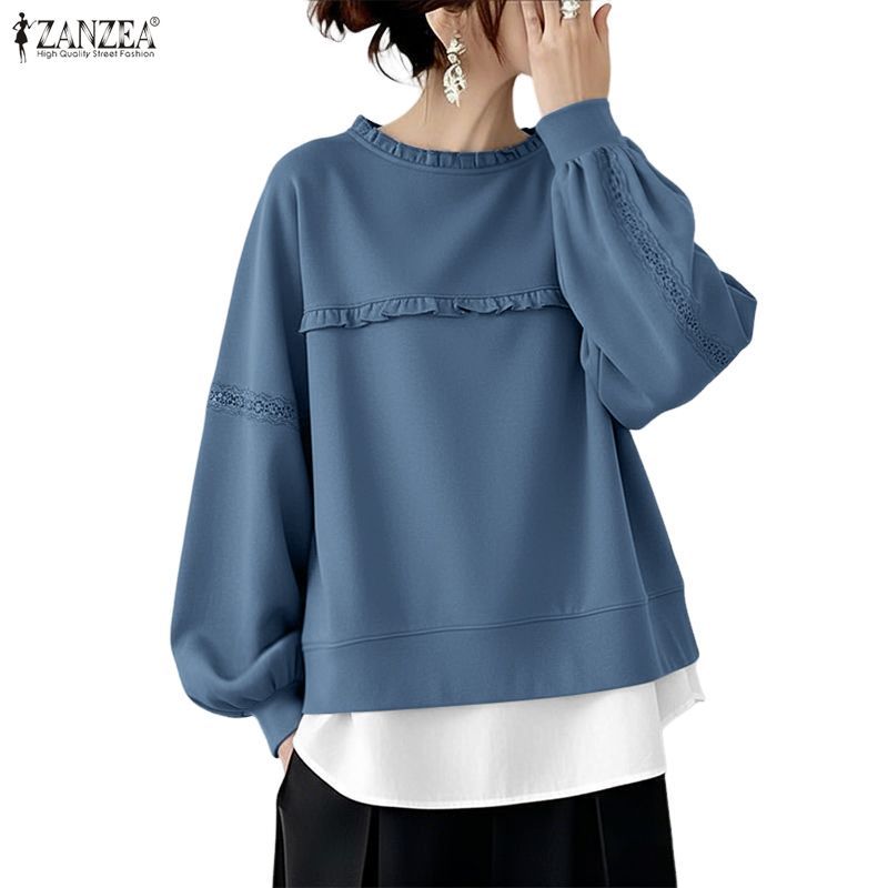ZANZEA ใส่ ซานเซีย ผู้หญิงเกาหลีฤดูใบไม้ร่วงฤดูหนาวสไตล์ โอ คอโคมไฟแขนไม้หูตัดสีบล็อกเสื้อ — صورة 6