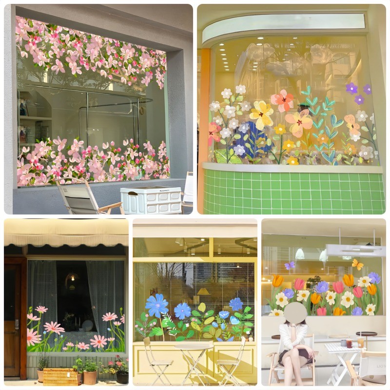 พร้อมส่ง สติ๊กเกอร์สูญญากาศ PVC ลวดลายดอกไม้ ตกแต่งบ้าน ตกแต่งกระจก สติกเกอร์ประตูกระจก