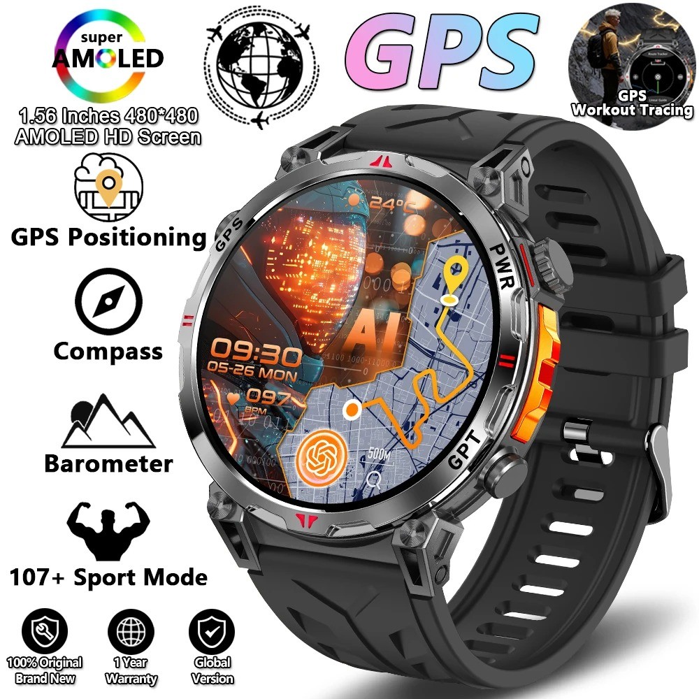 2026 ใหม่กีฬากลางแจ้ง Smartwatch ผู้ชาย GPS ตําแหน่ง 650mAh HD Call 1.56 นิ้ว AMOLED หน้าจอเข็มทิศ 5