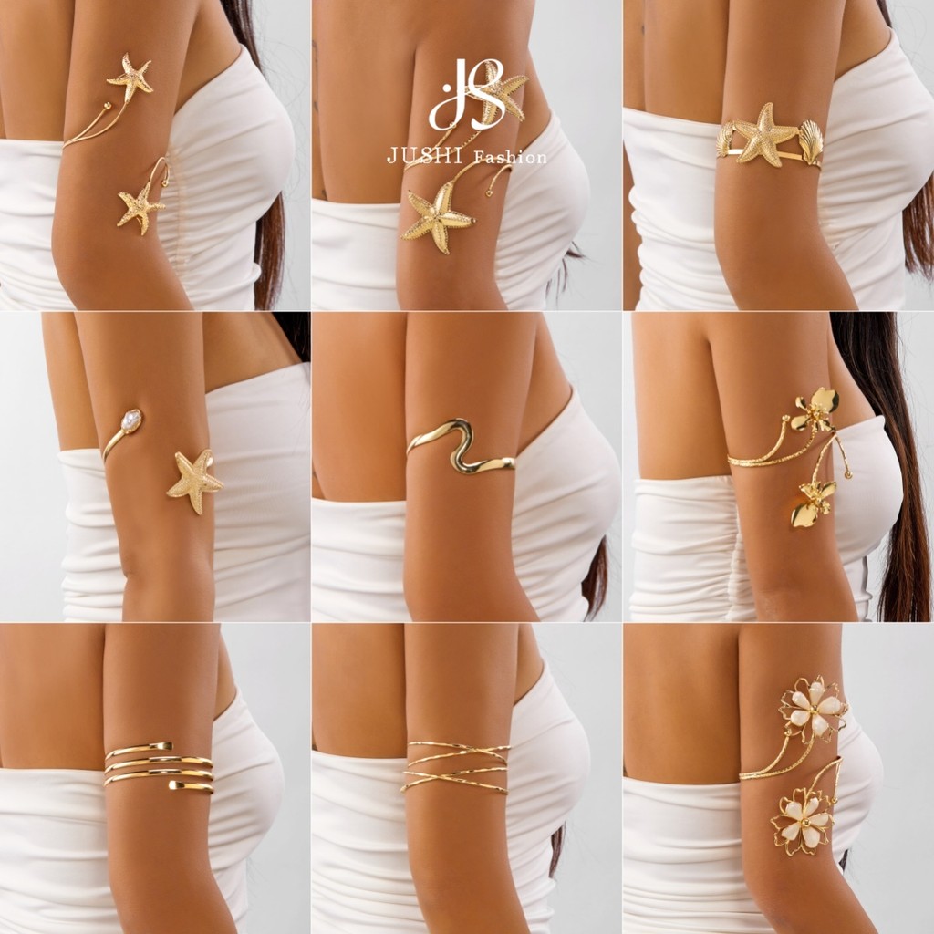 JUSHI อินเทรนด์ 2 in 1 ปลาดาว Shell Arm Cuff ชุด Stackable Beach Arm Party เครื่องประดับ Y2K ความงาม Boho ของขวัญวันหยุดสําหรับผู้หญิงฤดูร้อน Layered ดู