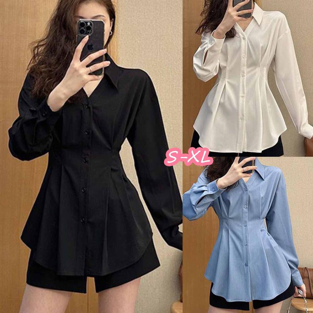 Black#เสื้อเชิ้ตแขนยาวสไตล์ฝรั่งเศสสำหรับผู้หญิงไซส์ใหญ่ ทรงเข้ารูปช่วงเอว คอปกพับลง มี 3 สี คุณภาพสูง รุ่น99321