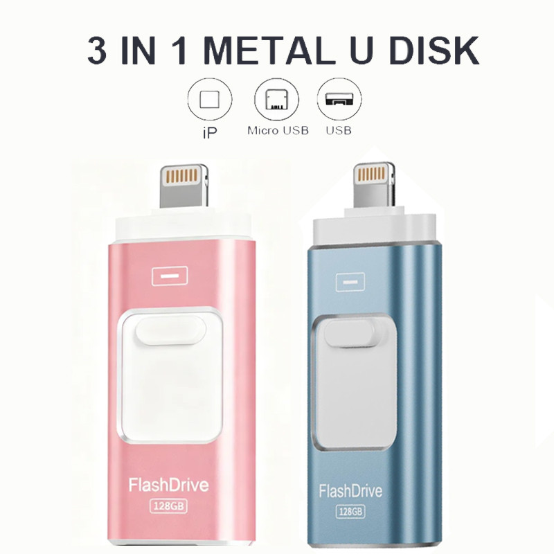 USB Stick 128GB สําหรับ iPhone, Lightning Memory Stick, 3-in-1 แฟลชไดรฟ์สําหรับ iPhone/iPad/Android/