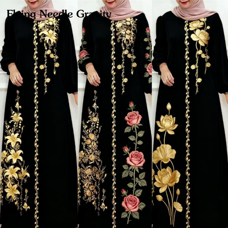 เสื้อผู้หญิง รายา,แสงหรูหรามุสลิมอาบาย่า,ประดด้วยเย็บปักถักร้อยกุหลาบดํา3ง,ฝีมือจากซิลกี้และผ้ากํามะหยี่แต่งตัวบวกรายละเอียดดอกไม้ปักทองประณีต