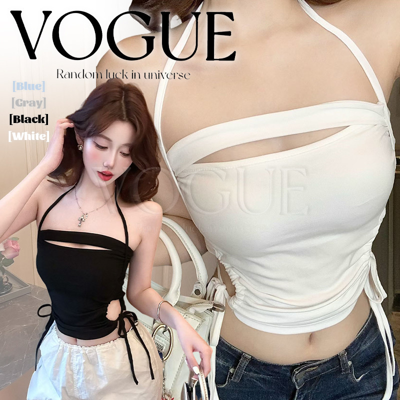 Vogue🌟พร้อมส่ง🌟  เสื้อคล้องคอ สีพาสเทลทรงรัดรูปเสริมฟงอน้ำในตัว ใส่เที่ยวได้ (FY5610)