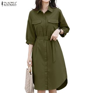 ZANZEA ผู้หญิงเกาหลี Officewear Turn-Down-Collar 3/4 แขนไม้ห…