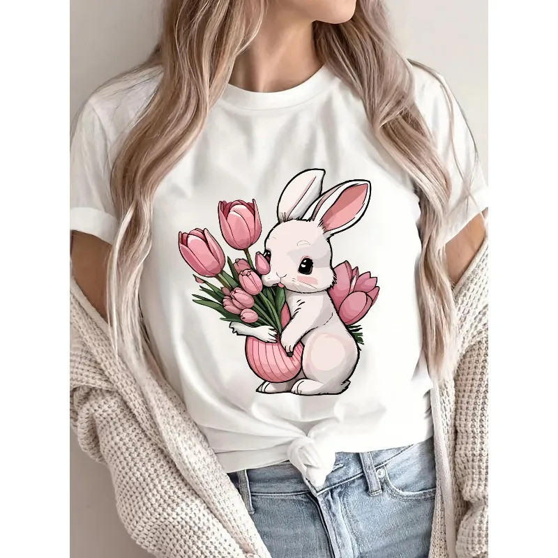 韩国 2026Ladies Easter Bunny และ Tulip พิมพ์เสื้อยืดสบายๆรอบคอด้านบนเครื่องล้างทําความสะอาดได้ฤดูใบไม้