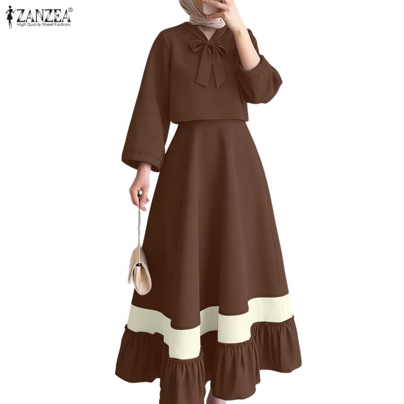 ZANZEA สเวตเตอร์เบลาส์และกระโปรงแขนยาวผูกหน้า มุสลิม สำหรับสวมใส่ทุกวันและ المناسبة الدينية