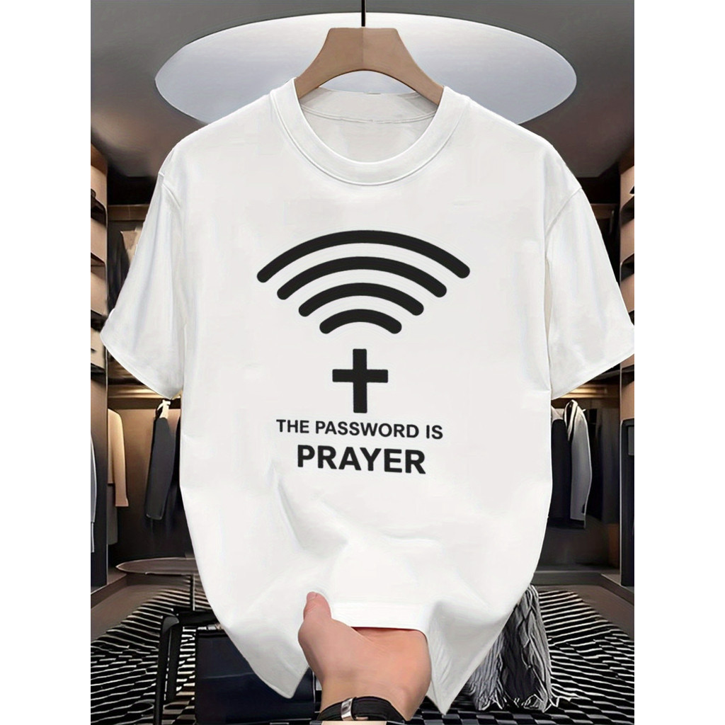 ทีเชิ้ตกราฟิก WiFi ตลกสำหรับผู้ชาย - สีขาวพร้อมพิมพ์กางเขนสีดำและสัญลักษณ์ Wi-Fi ระบายอากาศได้ดี