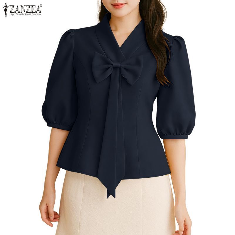 เสื้อผู้หญิงสไตล์เกาหลีหรูหรา สีโซลิด ออกแบบ V-neck พร้อมโบเก๋ๆ และแขนระบาย