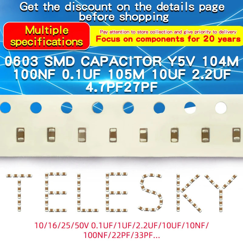 100pcs 0603 ชิป SMD ตัวเก็บประจุ 6.3V 10V 16V 50V 10pF 20pF 22pF 47pF 100pF 1nF 10nF 15nF 100nF 0.1u
