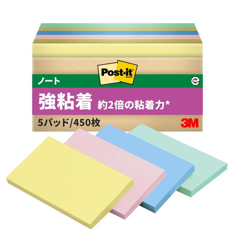 3M Post-it Notes Strong Adhesive Large Pastel Color 75×127mm 90 sheets × 5 pads 655-5SSAP Eco Mark C
