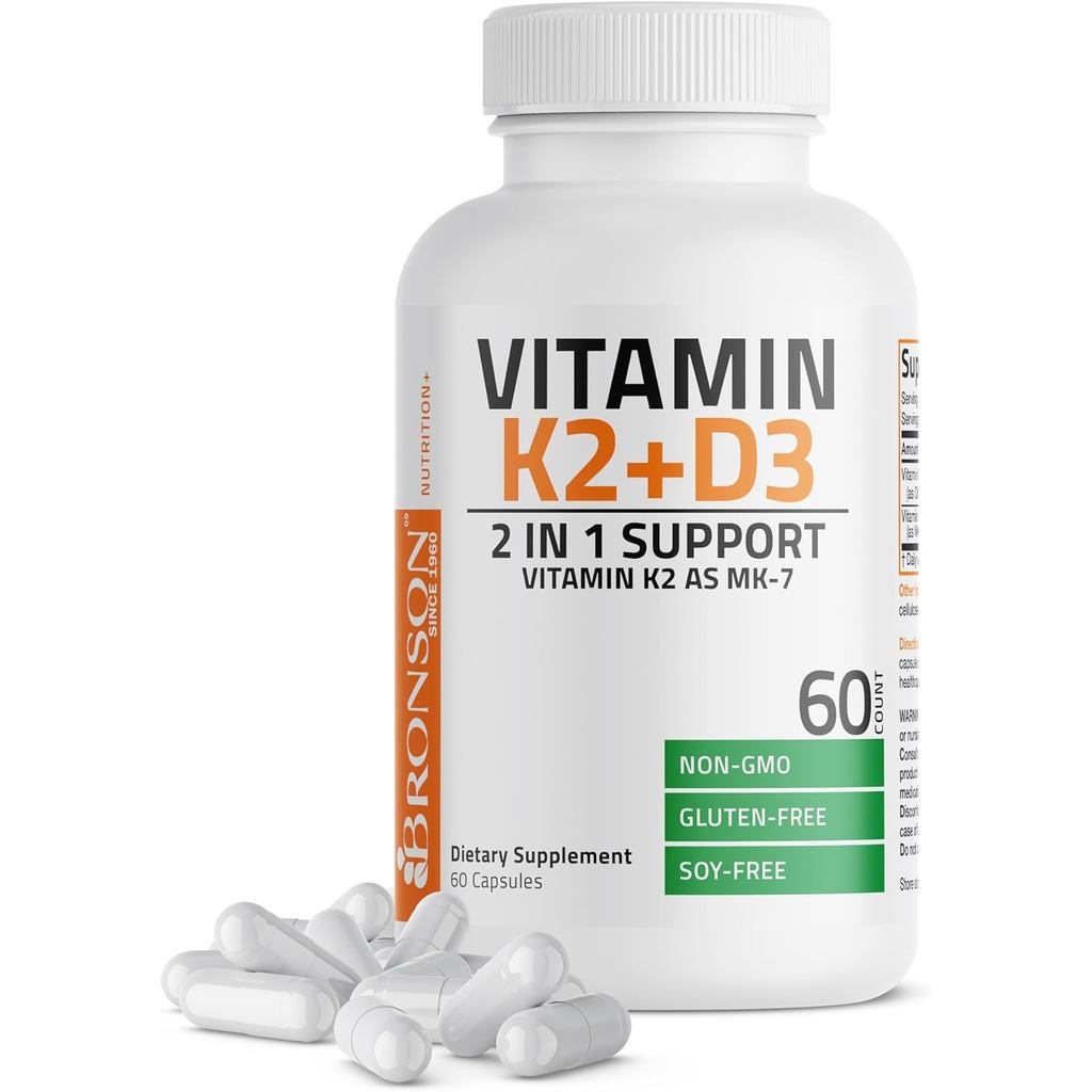 Bronson Vitamin K2 D3 (MK7) สูตรไม่พันธุกรรม วิตามิน D3 5,000 International Unit (125 Micrograms) แล
