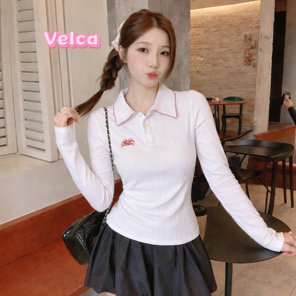 พร้อมส่งจากกทม เสื้อโปโลแขนยาวผู้หญิง ปักลายที่อก กระดุมหน้า ทรงเข้ารูป🎀Velca