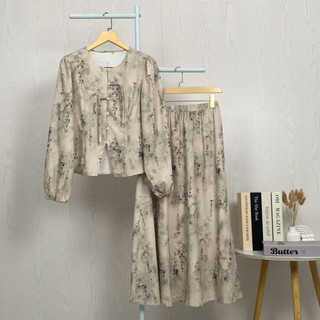 ‍Setelan Wanita Gaya Retro Tiongkok|Atasan Lengan Panjang Kancing Buatan Tangan + Rok A - Line Stylish Motif Teks Abstrak|Original By asaya.ind|New Arrival|Best Seller di Shopee