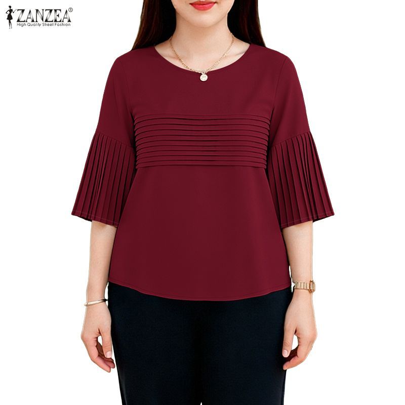 ZANZEA ซานเซีย ผู้หญิงเกาหลีลําลองรอบคอจีบ3/4แขนเสื้อสีธรรมดา