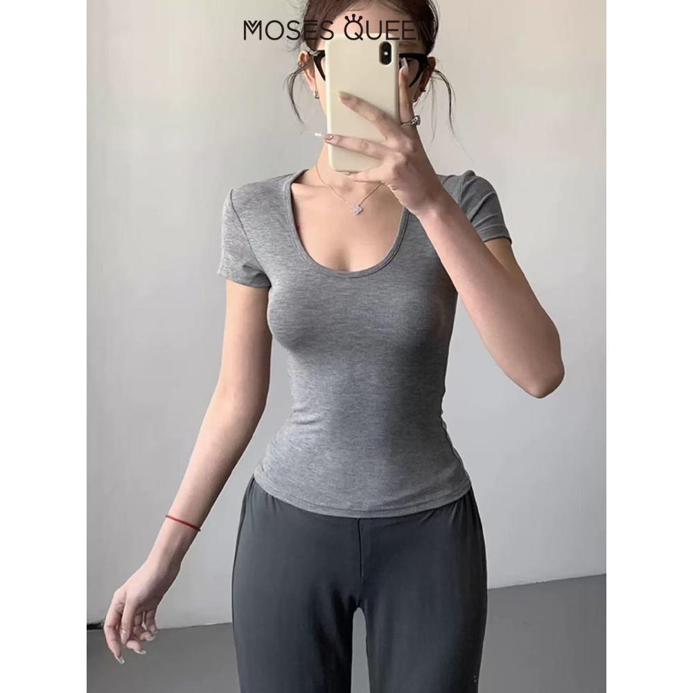 MOSESQUEEN มอสส์ ราชินี แขนสั้น ยู-คอถักด้านบน สไตล์ฤดูร้อนสำหรับผู้หญิง #63424