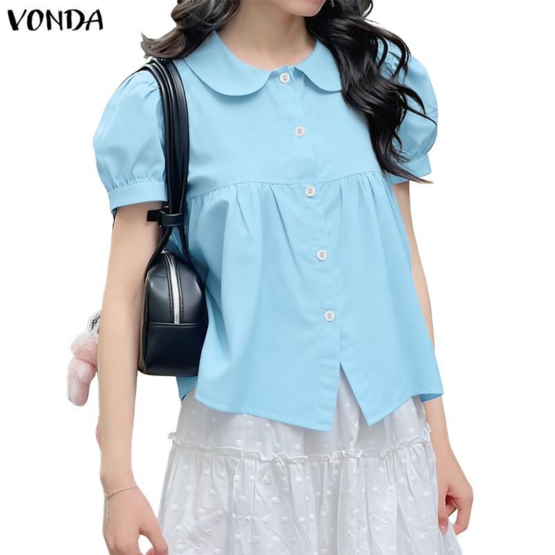 VONDA เสื้อผ้าสไตล์เกาหลีสำหรับผู้หญิง ออกแบบแบบตุ๊กตาหวาน มีแขนพัฟและซิลเวท pleats สไตล์ A-line