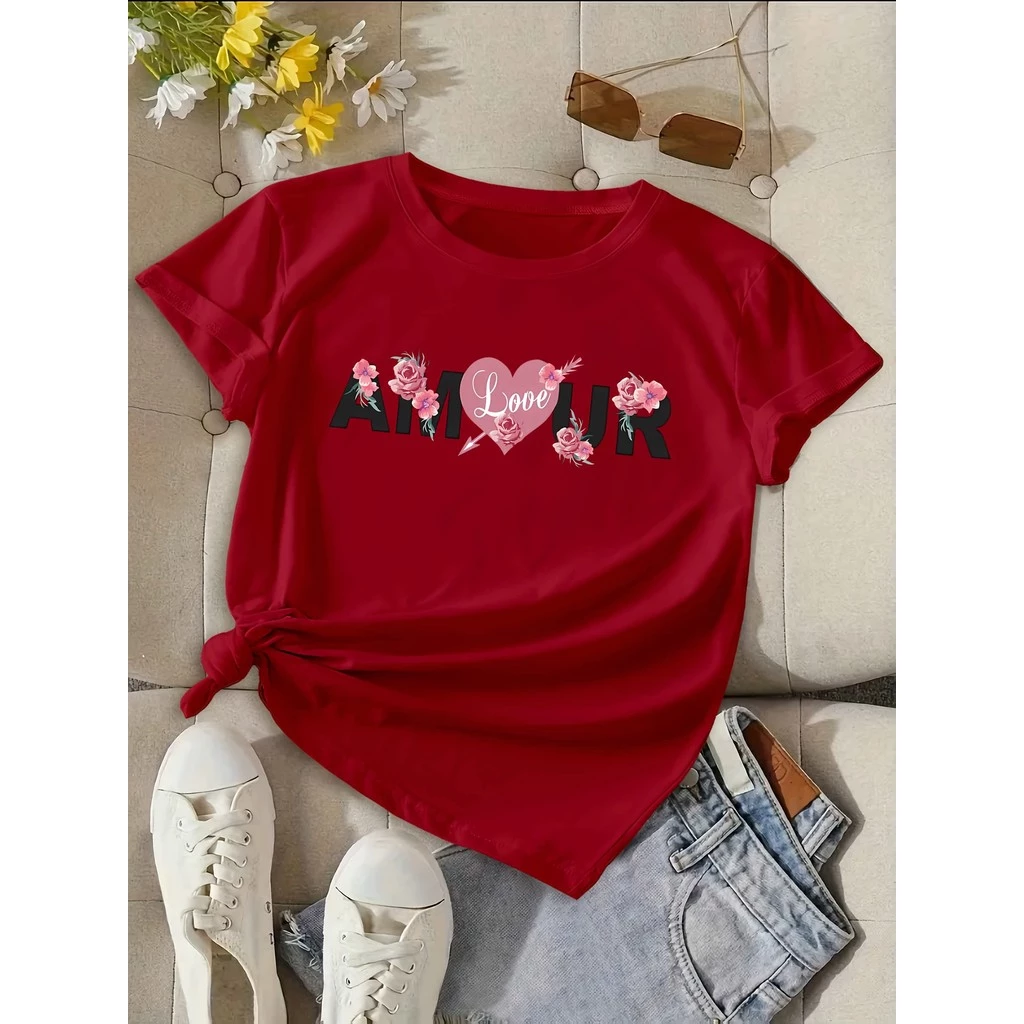 เสื้อยืดผู้หญิงคอวี AMOUR ลายหัวใจและดอกไม้สีชมพู thumbnail 6