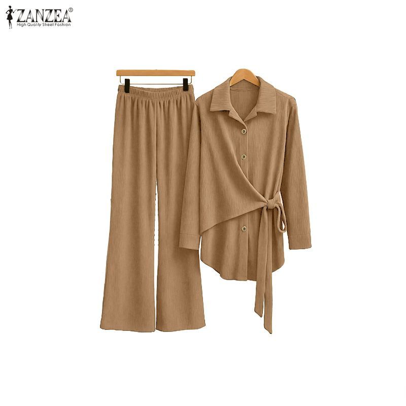 ZANZEA ผู้หญิงเกาหลี Niche Laid-Back สไตล์แขนยาว Tie-Up Patchwork ตรงชุดสองชิ้น