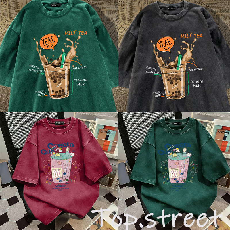 Top.street [COD]เสื้อน่ารัก แขนสั้น คอกลม tshirt oversize cotton100% ใส่สบาย 'CREAM CUP'