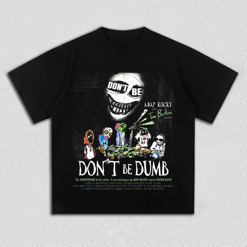 เสื้อยืดผู้ชายคอตตอน 100% ลายกราฟิกอัลบั้ม "ASAP Rocky Don't Be Dumb" คอโอเวอร์ไซส์ เสื้อยืดแขนสั้นส