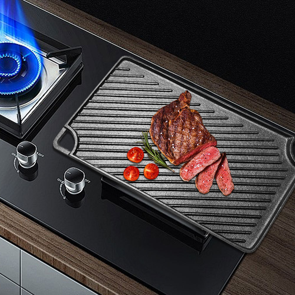 ❦ 16.5X9.5 นิ้วเหล็กหล่อย่างแผ่น Reversible Griddle Pan สี่เหลี่ยมผืนผ้า Skillet สําหรับแก๊สเตาตั้งพ