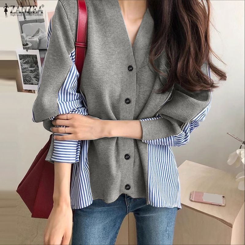 ZANZEA ผู้หญิงเกาหลีฤดูใบไม้ร่วงฤดูหนาว Niche Design V คอยาวแขนยาวลาย Patchwork เสื้อสเวตเตอร์ถักหลวม — صورة 5
