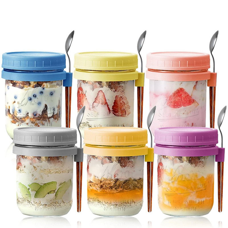 Mason Jar ชุด 6 ชิ้นพร้อมฝาปิดและช้อน Overnight Oatmeal Cup Mason Jar โถแก้วใส