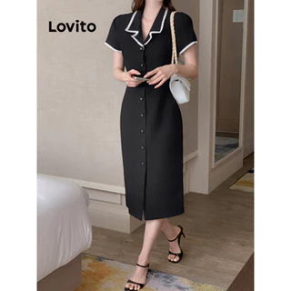 Lovito ชุดเดรสผู้หญิง มีกระดุม สีพื้น แต่งขอบสี สไตล์หรูหรา L104ED692