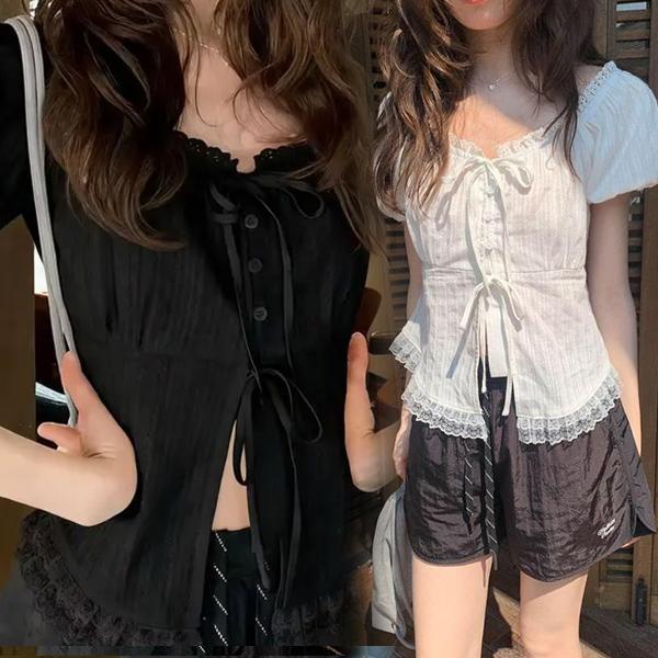 เสื้อแขนสั้นลูกไม้สีขาว สไตล์หวาน ใส่สบาย เหมาะกับหน้าร้อน มีดีไซน์โดดเด่น