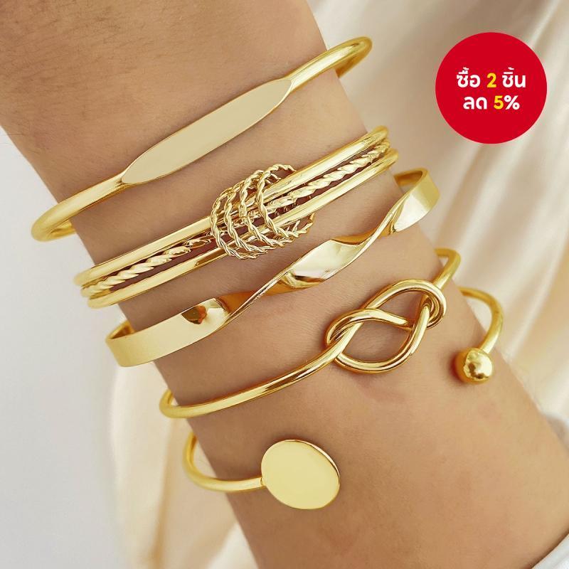 Elegant 5 ชิ้นชุดสร้อยข้อมือ Multi Layer เกลียวเรขาคณิตปรับกําไลข้อมือแฟชั่นเครื่องประดับสําหรับผู้หญิง