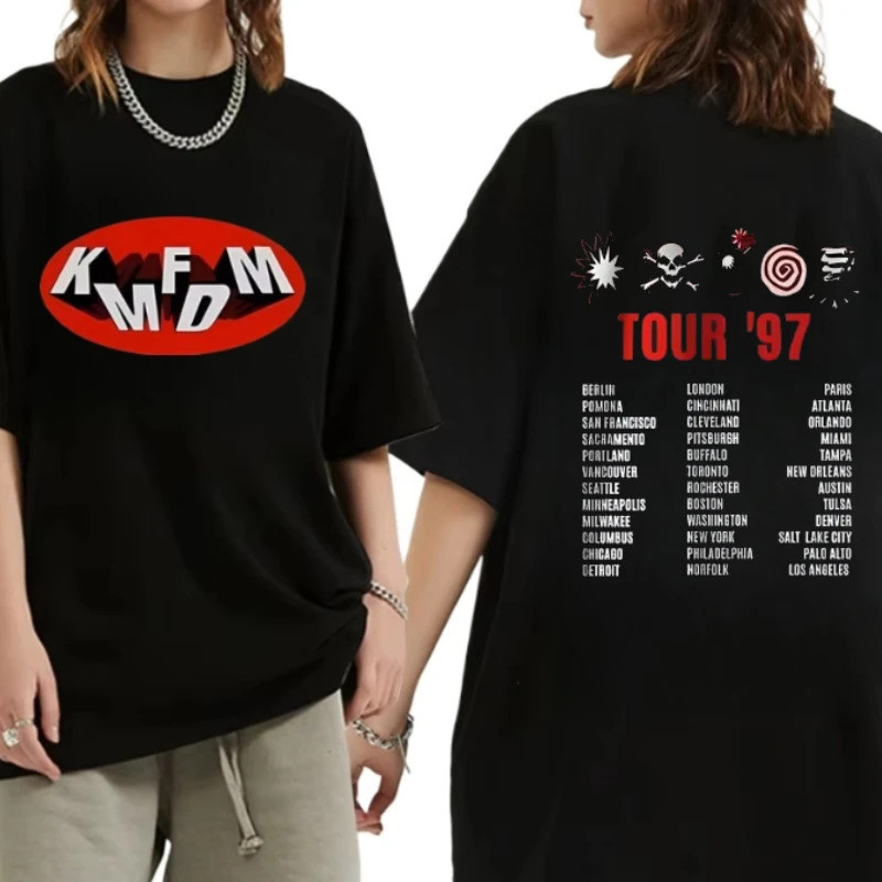 เสื้อยืด Rock Band Kmfdm Tour 97 Lelaki Wanita Vintage Gothic Punk Tshirt Kapasual เสื้อยืดขนาดใหญ่ 