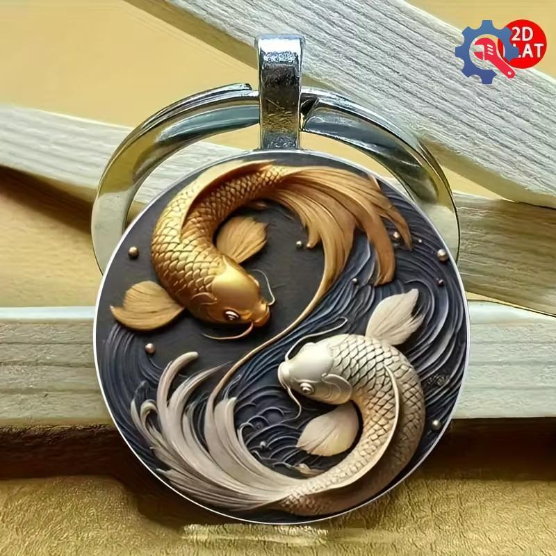 [GEX] Fashion New 2D Yin Yang Koi Round Glass Keychain, Luy Pendant, Fashion Bag And Car Key Decoration, Holiday Gift [TH]