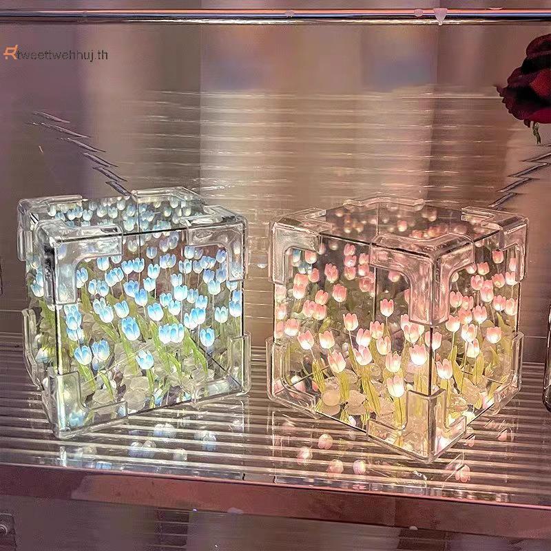 Tw 3D กระจก Night Light พร้อมดอกทิวลิปดอกไม้ Sea Design, DIY Handmade Night Light เครื่องประดับ, ของ