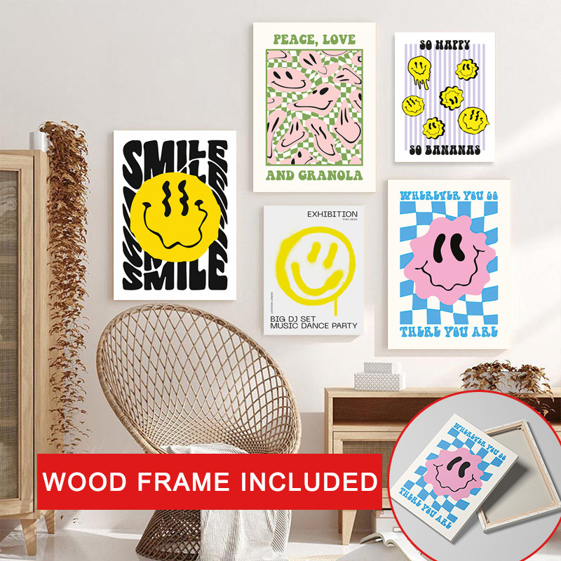 (พร้อมกรอบ) Abstract โปสเตอร์ยิ้มผสมหมีสายรุ้งพิมพ์ผ้าใบ Hippie Graffiti Wall Art แขวนผนังตกแต่งบ้าน
