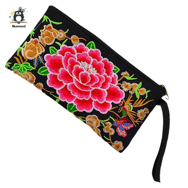 [Bluemood] สไตล์ชาติพันธุ์ปักกระเป๋าคลัทช์วินเทจเย็บปักถักร้อยกระเป๋าถือเหรียญกระเป๋าผู้หญิงโทรศัพท์กระเป๋าสตางค์ยาวสําหรับของขวัญผู้หญิงใหม่
