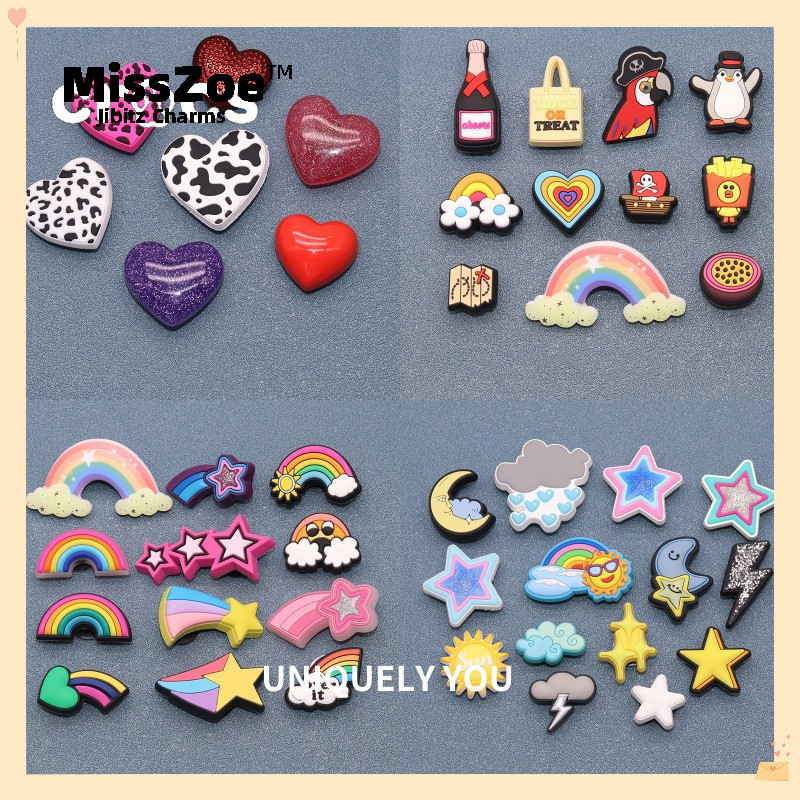 Miss Zoe Jibtz อะนิเมะอุปกรณ์เสริมรองเท้าการ์ตูนอุปกรณ์เสริม Love series รองเท้าดอกไม้ charms Rainbow star รองเท้าหัวเข็มขัด