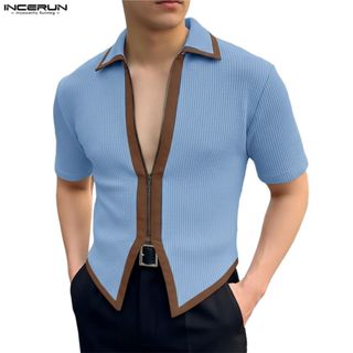 เสื้อสเวตเตอร์แขนสั้นมีซิปสีตัดกันสำหรับผู้ชาย