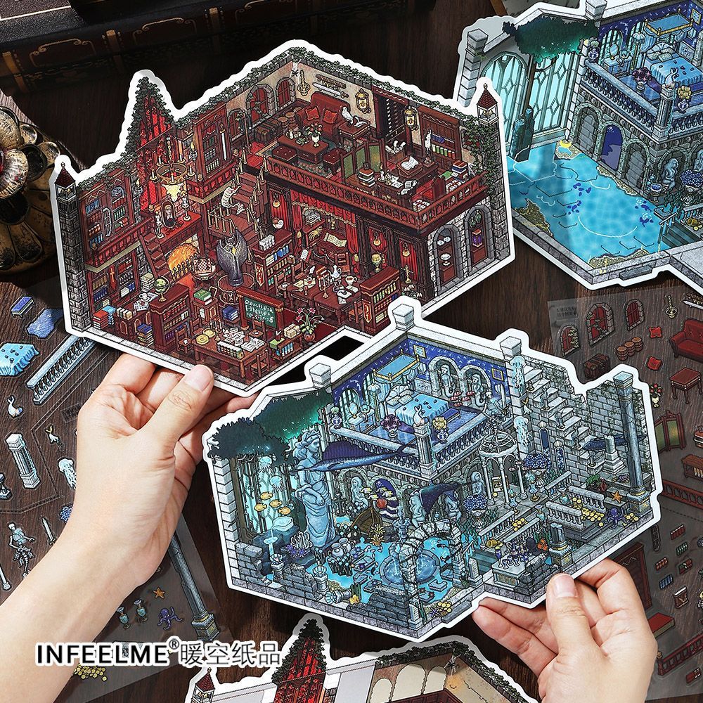 Idako [My Cabin No. 23 Series] 3 ชิ้น 2.5D ขนาดใหญ่สติกเกอร์ภูมิทัศน์ Handmade Diy พิกเซลสไตล์ Cabin SS842