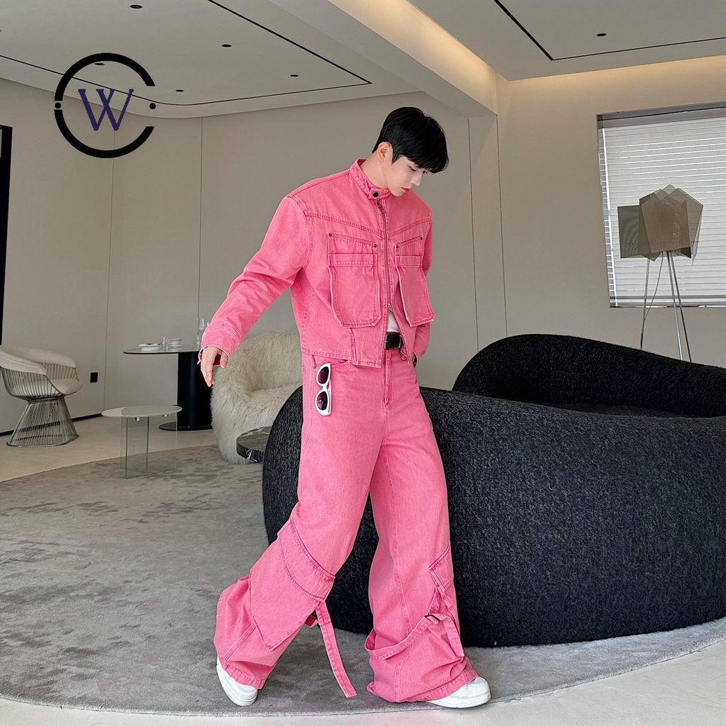 แจ็คเก็ตเดนิมสไตล์อเมริกาย้อนยุคและกางเกงขาบานแบบไม่ซ้ำใคร รหัส W24910P9330