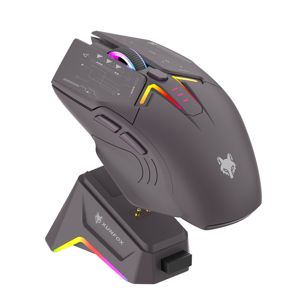 Hyun Silver Fox H2 เมาส์โหมดคู่บลูทูธไร้สายพร้อมฐานชาร์จ RGB เมาส์เกมสํานักงานโน้ตบุ๊ค