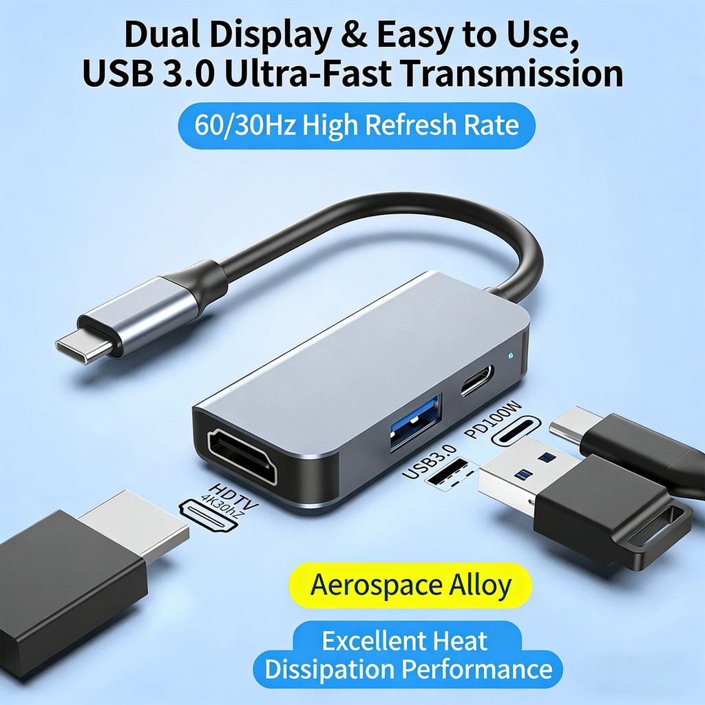 3-in-1 Type-C Docking Station Multi-function USB C Hub USB3.0 HDMI 4K PD ชาร์จเครื่องอ่านการ์ด USB-C