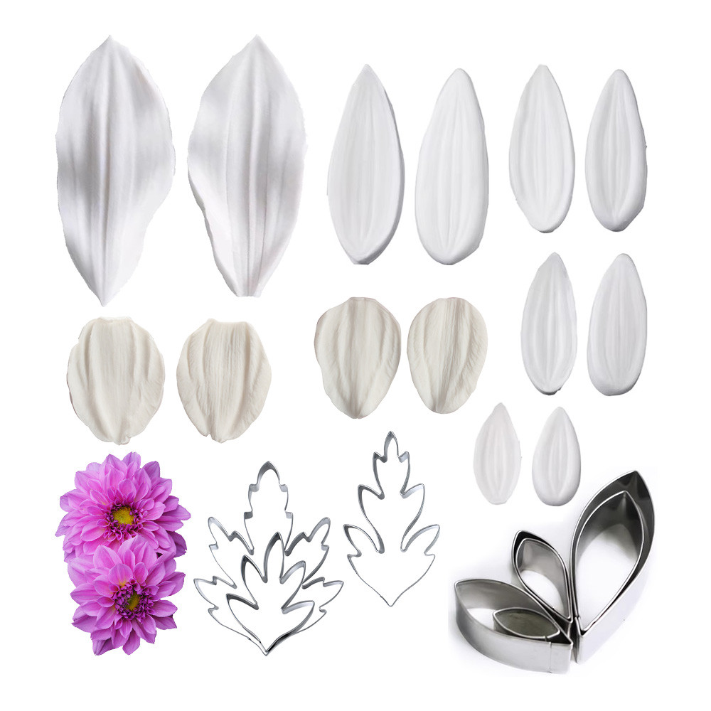 KAILAEN Multi รูปแบบ F Ondant ดอกไม้แม่พิมพ์ Dahlia DIY ดอกไม้หัตถกรรมซิลิโคนกลีบหลอดเลือดดําแม่พิมพ์ Leaf Shape เครื่องตัดสแตนเลส DIY Dahlia ดอกไม้เค้กตกแต่ง