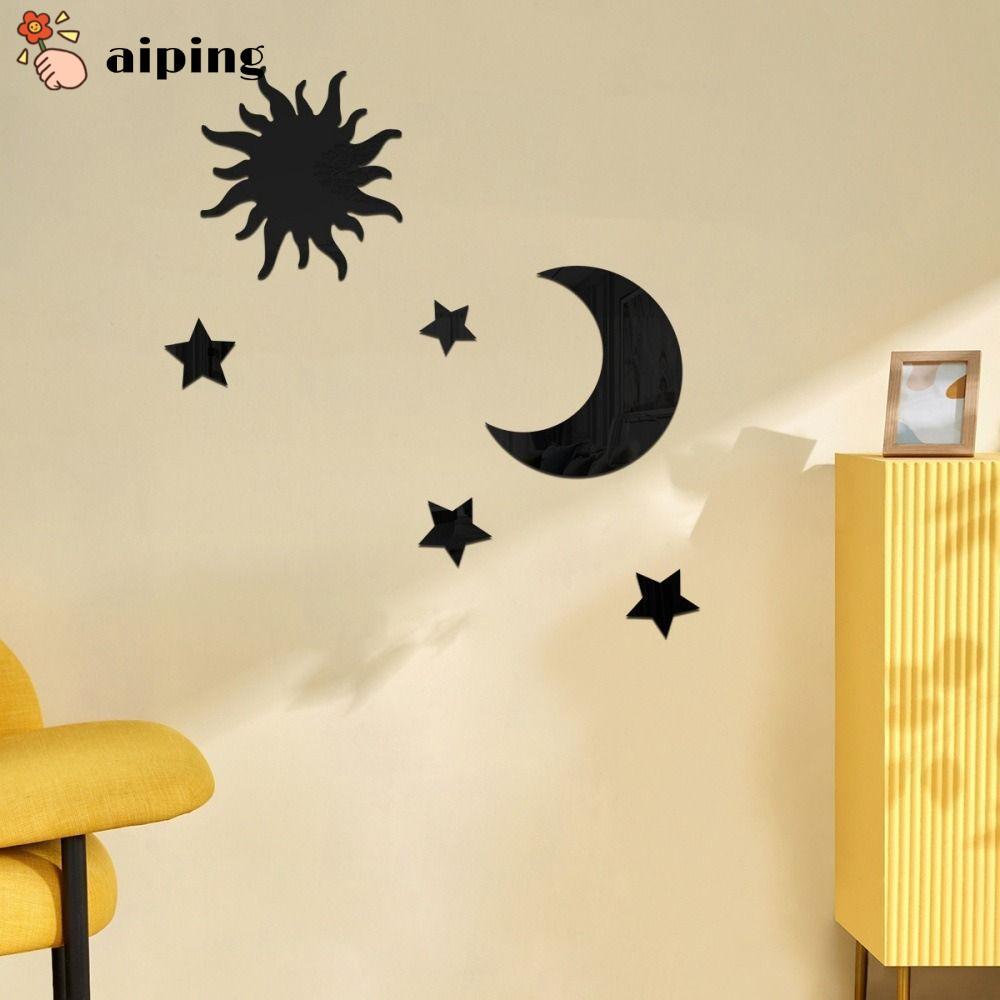 AIPING 6PCS กระจกสติ๊กเกอร์ติดผนัง, DIY อะคริลิค Star Moon Decals, Self กาวสเตอริโอลบตกแต่ง Decal ห้องนอน