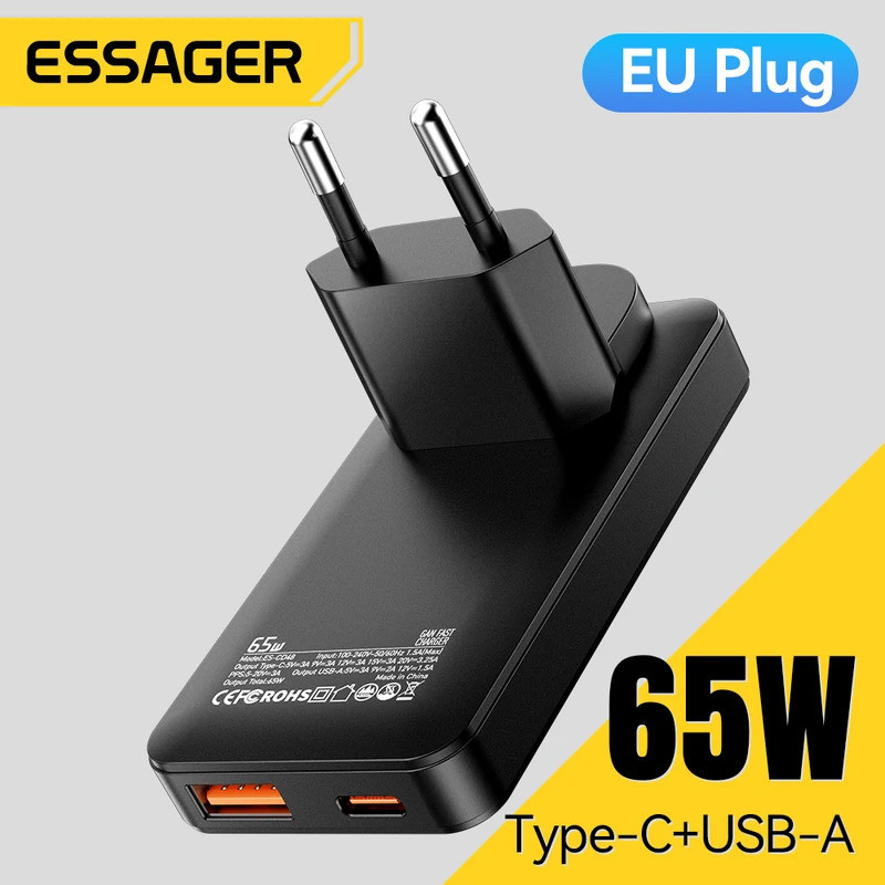Essager Slim 65W GaN Travel Charger USB A Type C แบบพกพา Charger พับ Fast Charger สําหรับ iPhone 17 