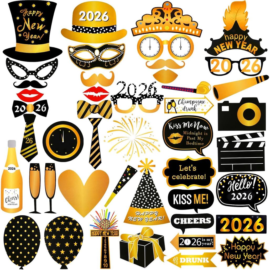 47 ชิ้นปีใหม่ Eve Photo Booth Props 2026 ปีใหม่ Photo Booth Props 2026 Nye สําหรับสวัสดีปีใหม่ 2026 