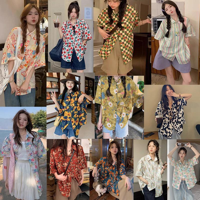#BG เสื้อยืดผู้หญิงรุ่นใหม่สำหรับเทศกาลสาดน้ำ ลายดอกไม้แขนสั้น สไตล์เกาหลีลายการ์ตูน W259