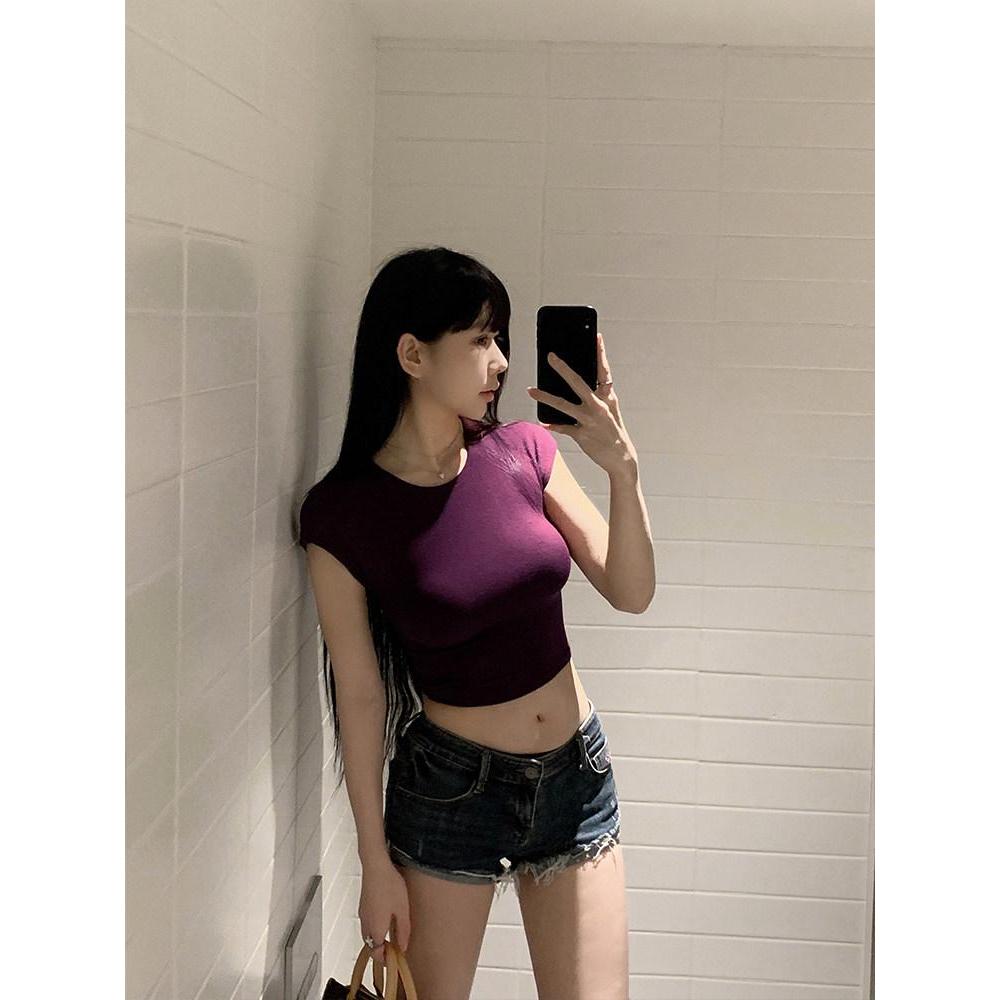 Moses Queen Moses Queen คอกลมแขนสั้นฤดูร้อนผู้หญิง Slim-fit Slimmer ดูด้านหน้าไหล่เสื้อยืดแขนสั้น Mo