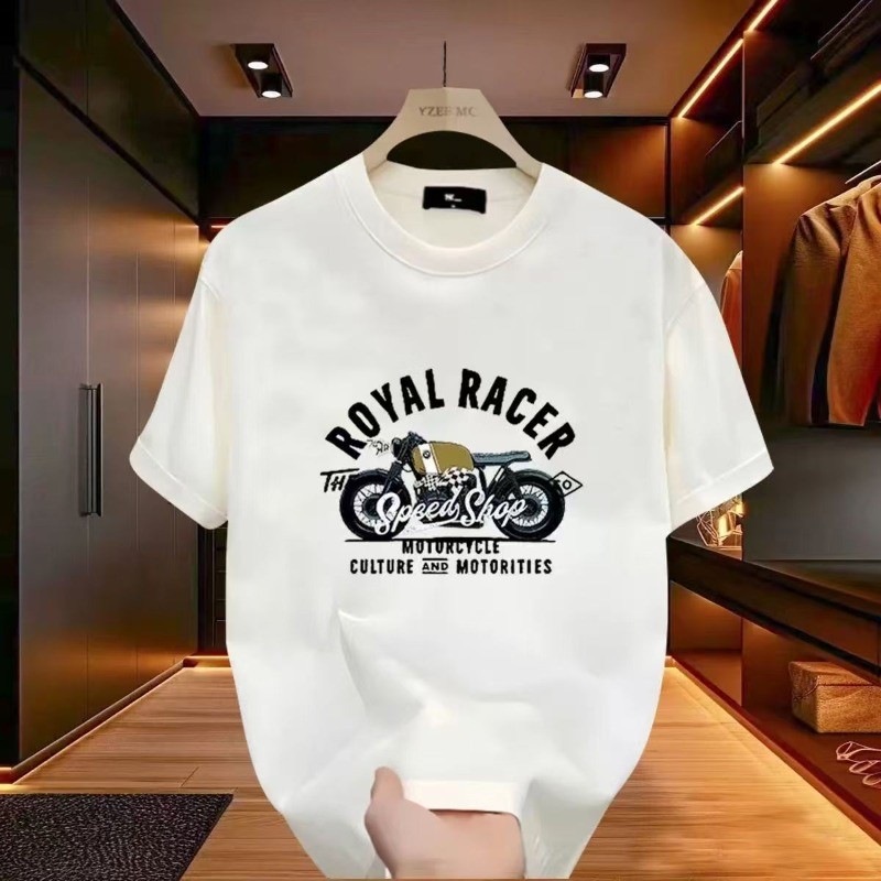 ผ้าฝ้ายแท้ผู้ชายT Retroไหล่รอบคอแขนสั้นสนุกรถจักรยานยนต์เกาหลีพิมพ์แขนเสื้อผู้ชายเสื้อยืดHeavy twรถจ